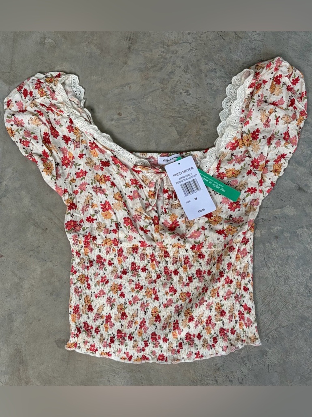 Stitch & Pine - Floral Smocked Puff Sleeve Crop Top - Size Medium - New w/ Tags